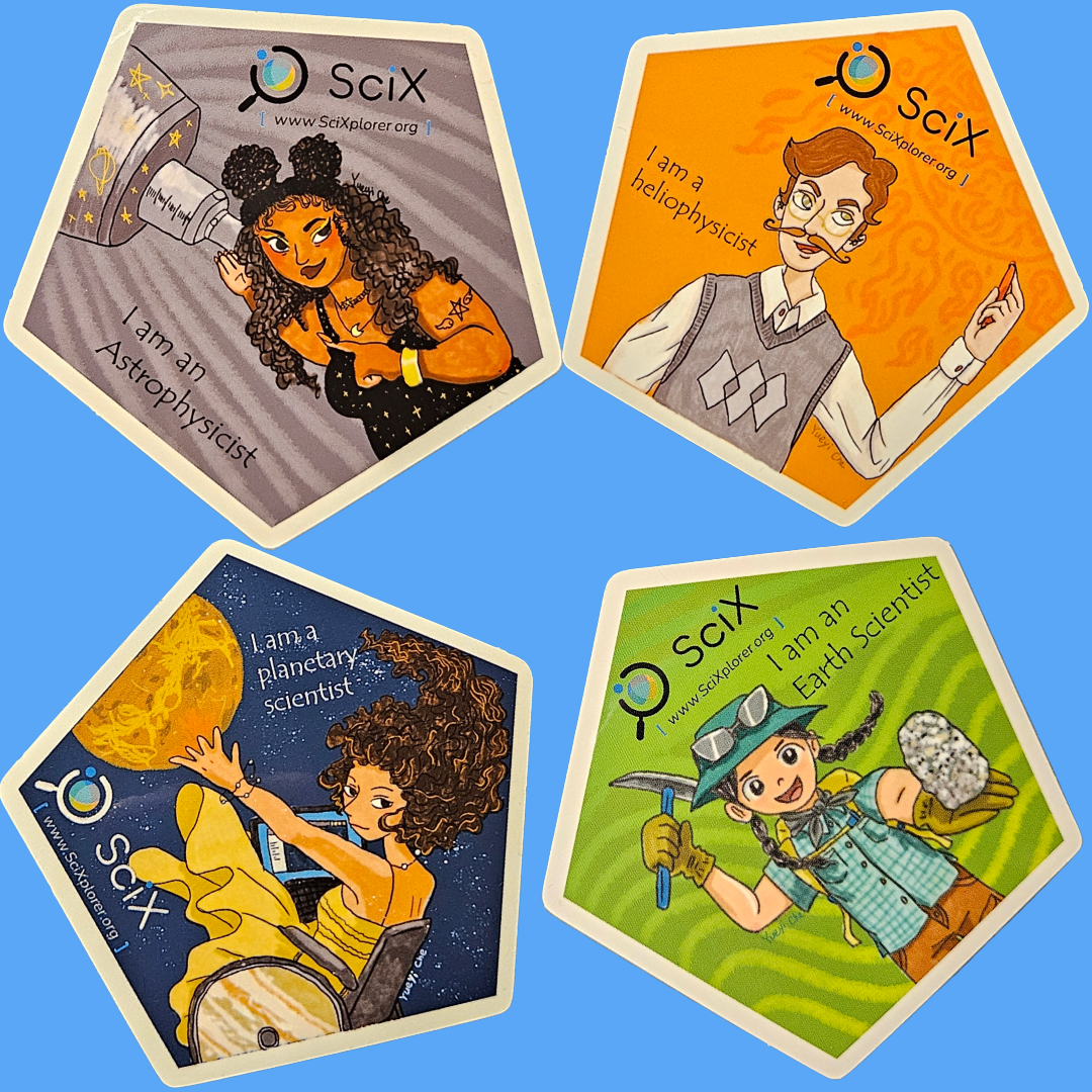 Four pentagon-shaped SciX stickers are arranged on a light blue background. Each sticker shows a cartoon scientist character with the SciX logo and website. Top left: an woman with dark curly hair in double buns holds a telescope, with the text I am an Astrophysicist. Top right: a man with short hair, glasses, and a headset gestures while speaking, on an orange background with the text I am a heliophysicist. Bottom left: a woman with long flowing hair and a yellow dress works on a laptop from a wheelchair, with a large yellow planet behind her and the text I am a planetary scientist. Bottom right: an woman wearing a cap, goggles, and outdoor gear holds a rock sample and a rock hammer, with the text I am an Earth Scientist on a green background.