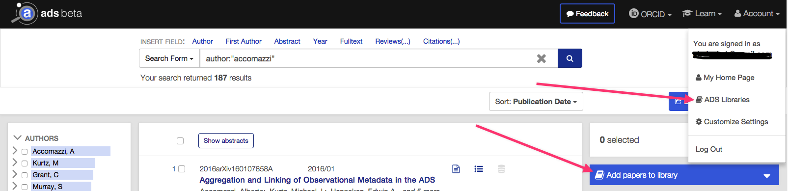 a screenshot of ADS search results interface showing ADS libraries button