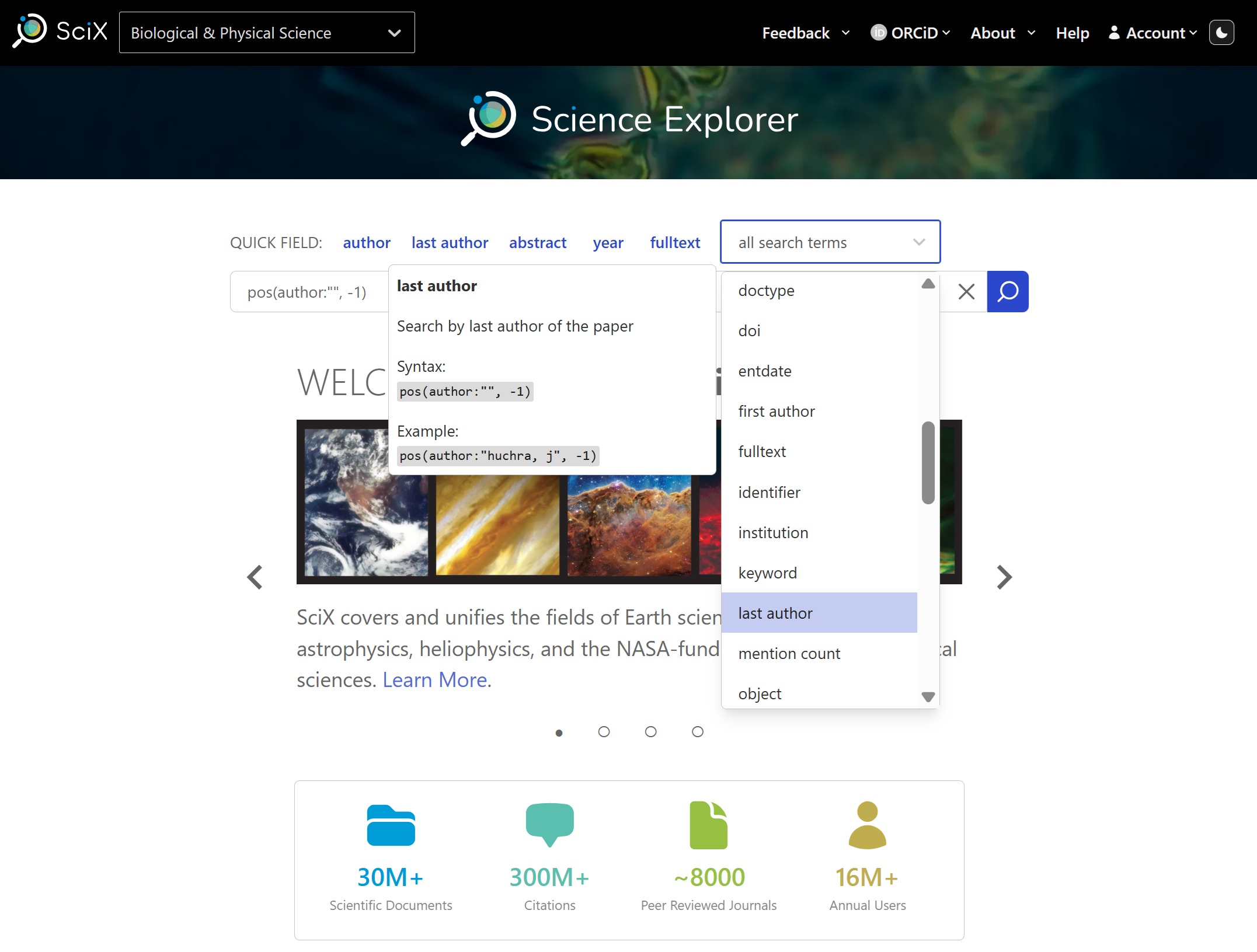 a screenshot showing the Last Author entry in the All Search Terms dropdown menu in SciX